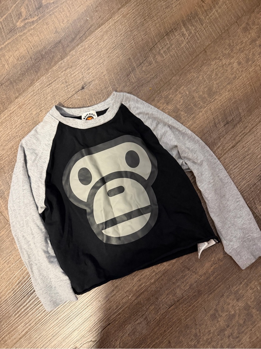 Bape Kids Black & Gray Long-Sleeve Tee with Iconic Ape Face